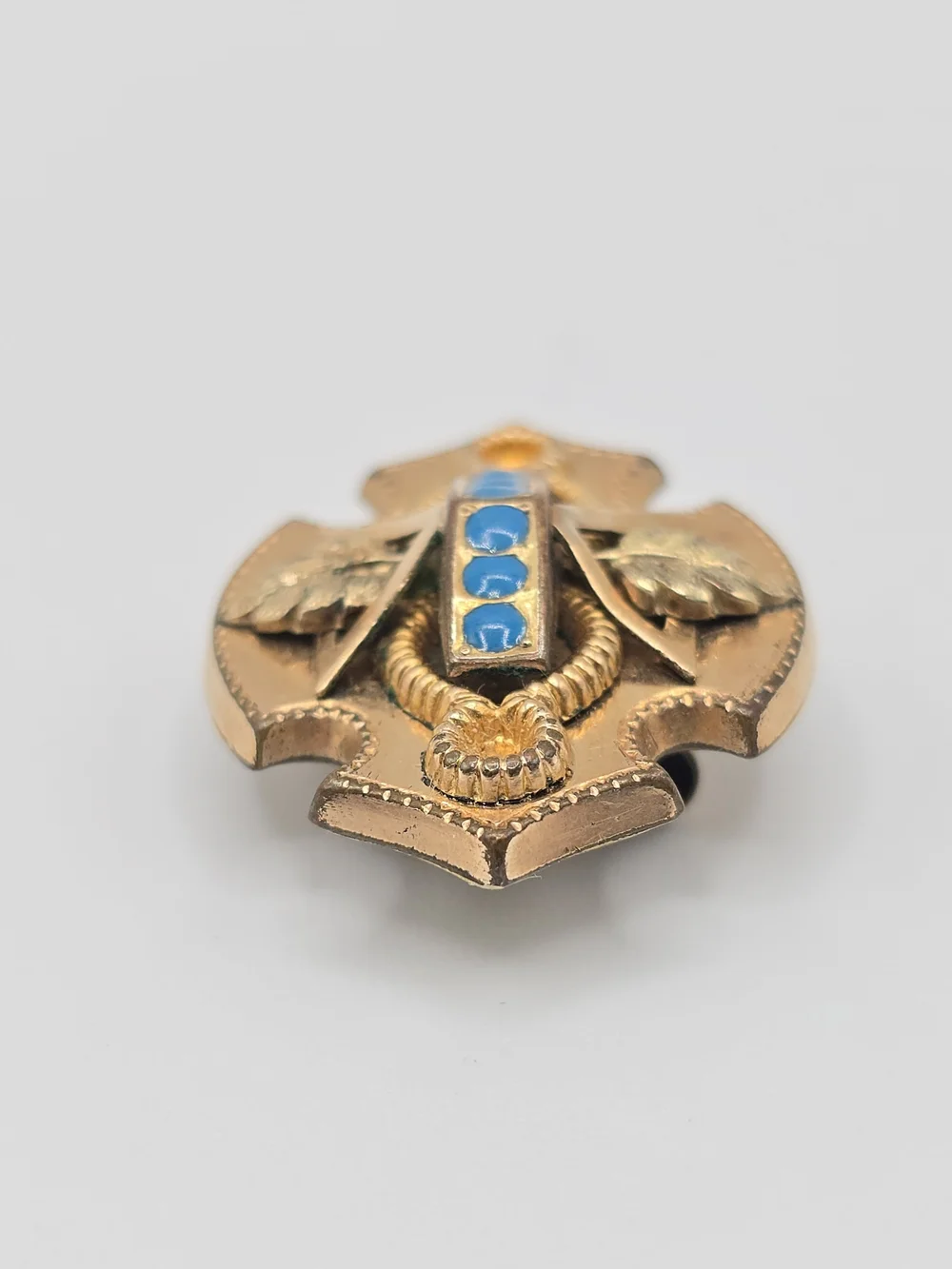 Antique Victorian Watch Chain Slide Etruscan Revival Blue Enamel Gilt 1-1/8